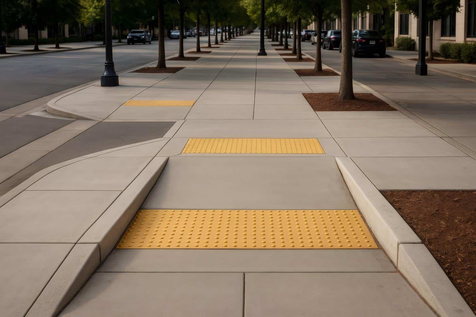 Concrete Ramp With Yellow Tactile Paving And Truncated Domes Ensuring Accessibility For Visually Impaired People