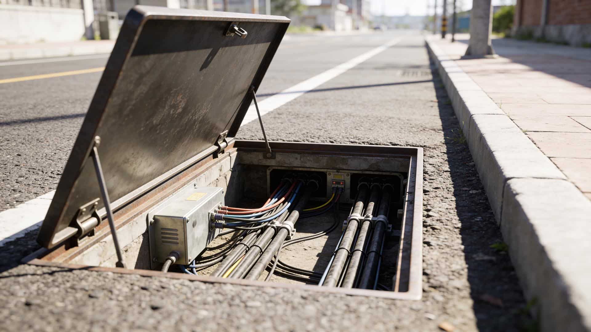 Open Underground Utility Vault With Cables And Equipment On Urba